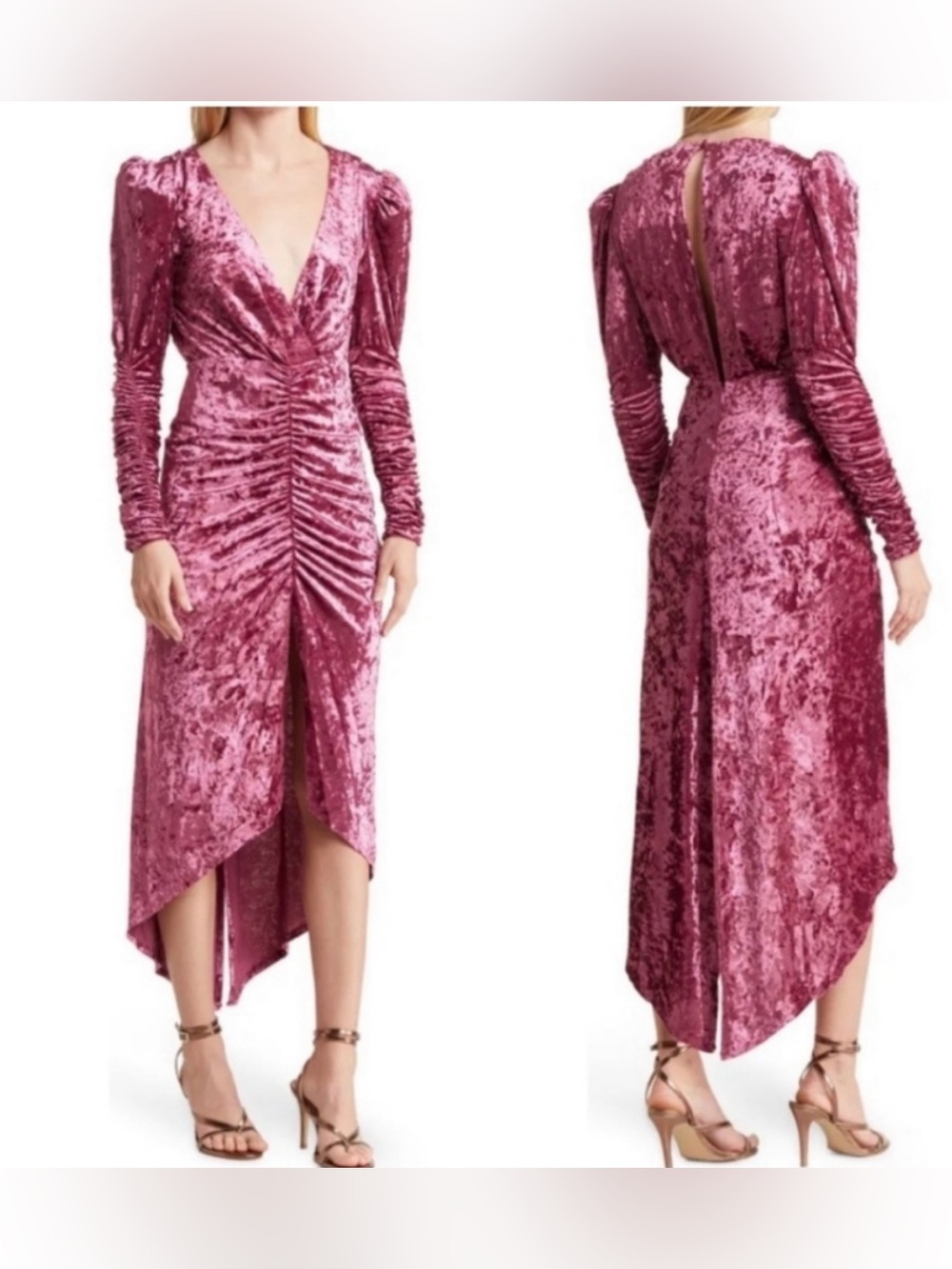 Ronny Kobo "Alicia" Orchid Crushed Velvet Ruched Midi Dress Sz S Excellent
